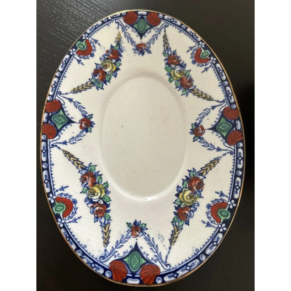 Barker Bros Merton Gravy Boat with Underplate Blue Floral Gold Trim England